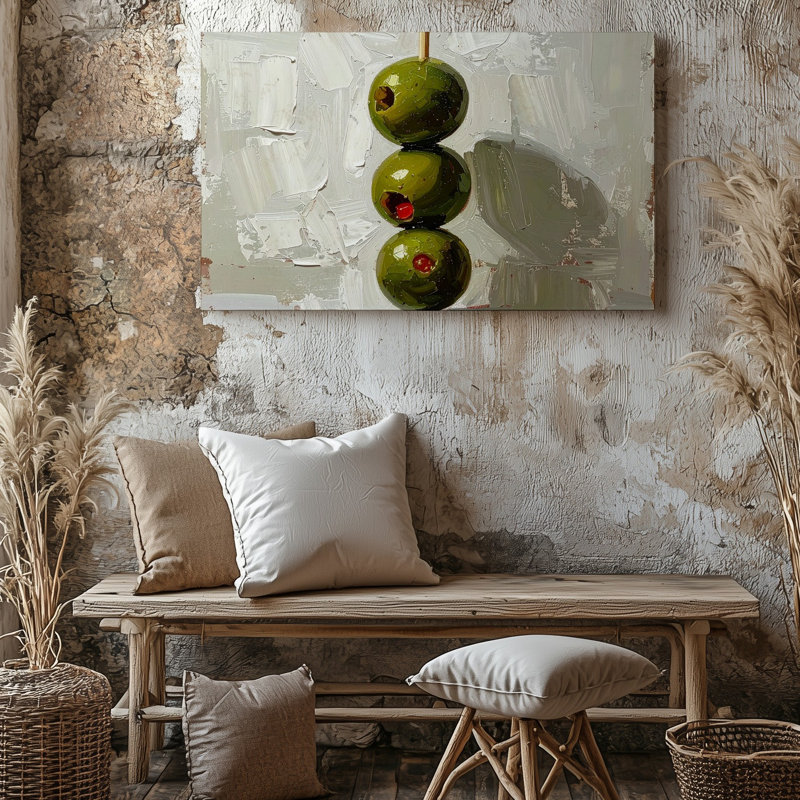 Minimaliste olive brochette Canvasmodern, nature morte sur toile blanche texturée, art mural, H 20 po x l 30 po