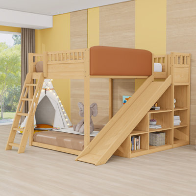 Loft Bed With Storage Shelves, Ladder, Guardrails And Built-In Slide