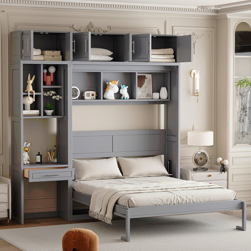 Grand lit escamotable mural avec bureau, armoire supérieure et tablettes de rangement, lit pliant peu encombrant, gris, Queen