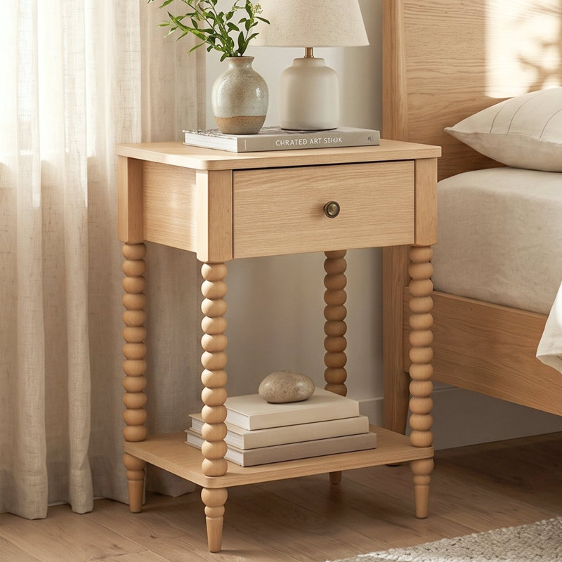 Table de chevet traditionnelle Whitby avec 1 tiroir, tablette de rangement inférieure et pieds tournés, bois naturel, Naturel