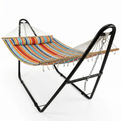 2-Person Quilted Fabric Double Hammock with Pillow - Caribbean Stripe - With Stand