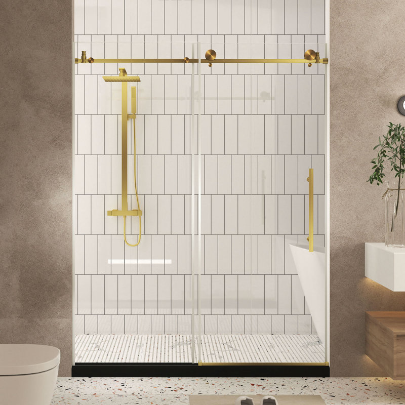 Porte de douche sans cadre l 44 à 48 po x H 76 po, verre trempé transparent de 1/4 po (6 mm), film antidéflagrant, poignée en acier inoxydable