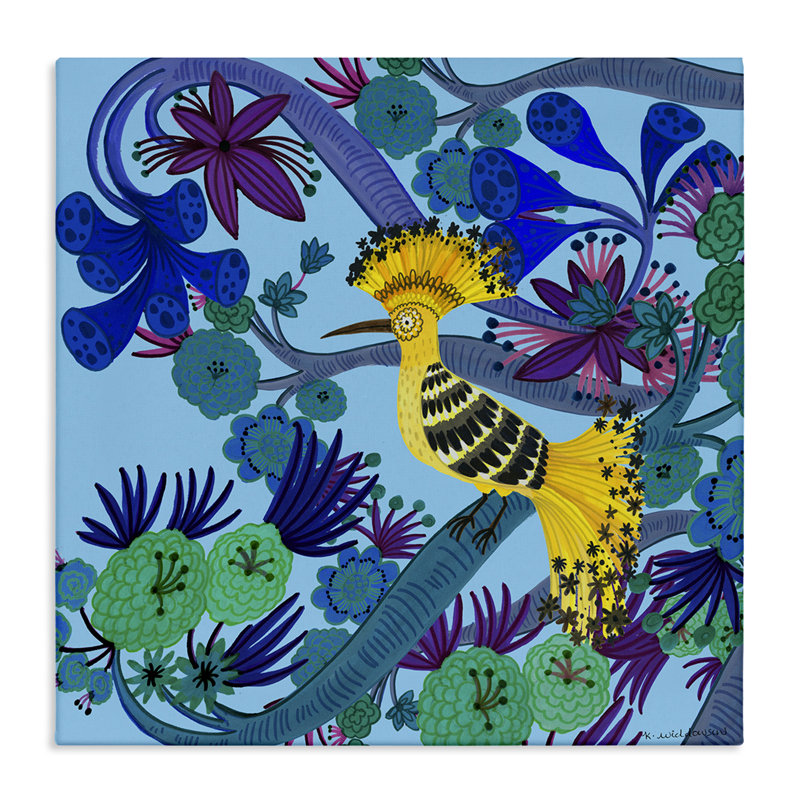 Oiseau jaune fantaisiste et toile de fleurs, design par Kay Widdowson, H 24 po x l 24 po