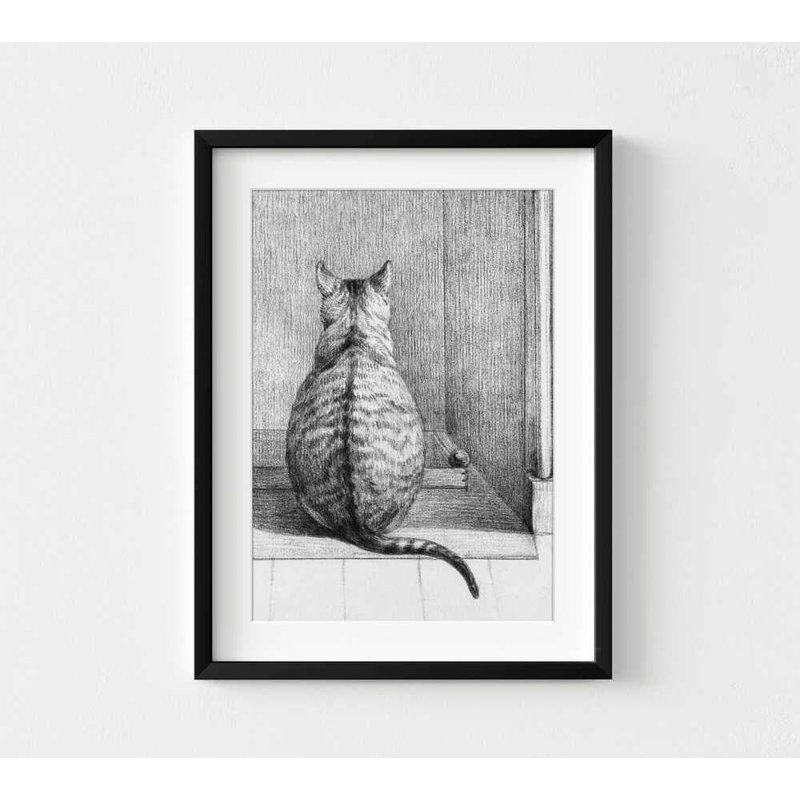 Chat assis assis - dessin rétro de 1812 par Jean Bernard, H 12 po x l 16 po, Noir, Blanc