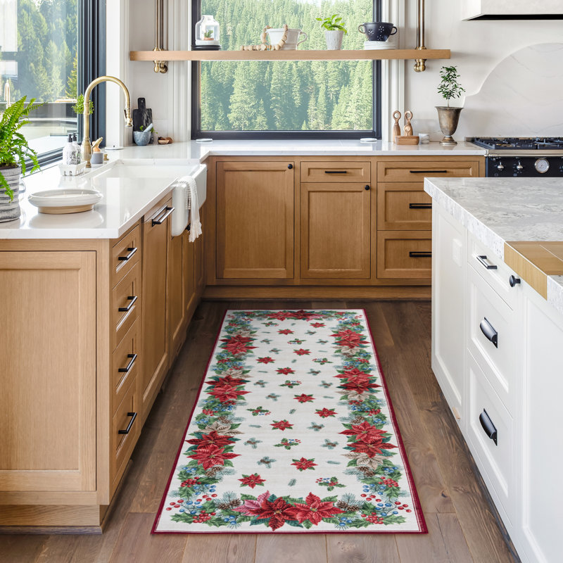  Lilirose Crystal Print Fete Christmas Transitional Floral Poinsettia Polyester Washable Flat Pile Indoor Area Rug