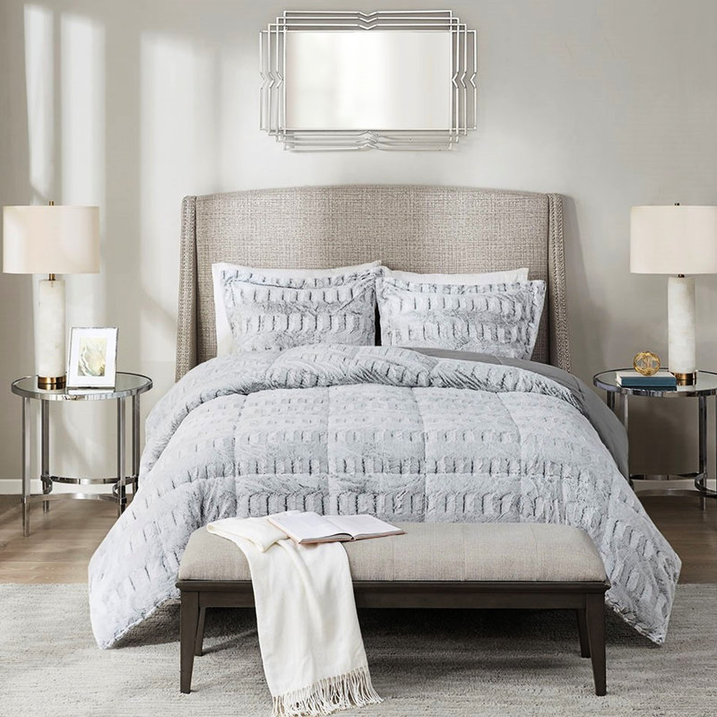 Édredon en fausse fourrure pour lit simple / simple TG, Grey, Édredon simple + 2 taies décoratives