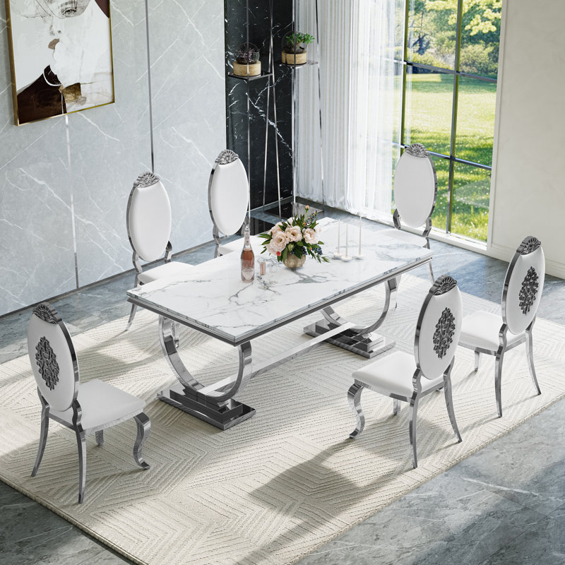  5 - Piece Dining Set, 5 Pieces: Table, 4 Chairs, White/White/Silver