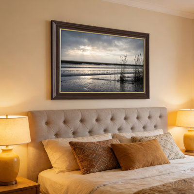 Art mural antique sur toile encadré doré pour le salon, la chambre à coucher, le bureau ou le vestibule - Décoration murale décorative avec marais coucher de soleil