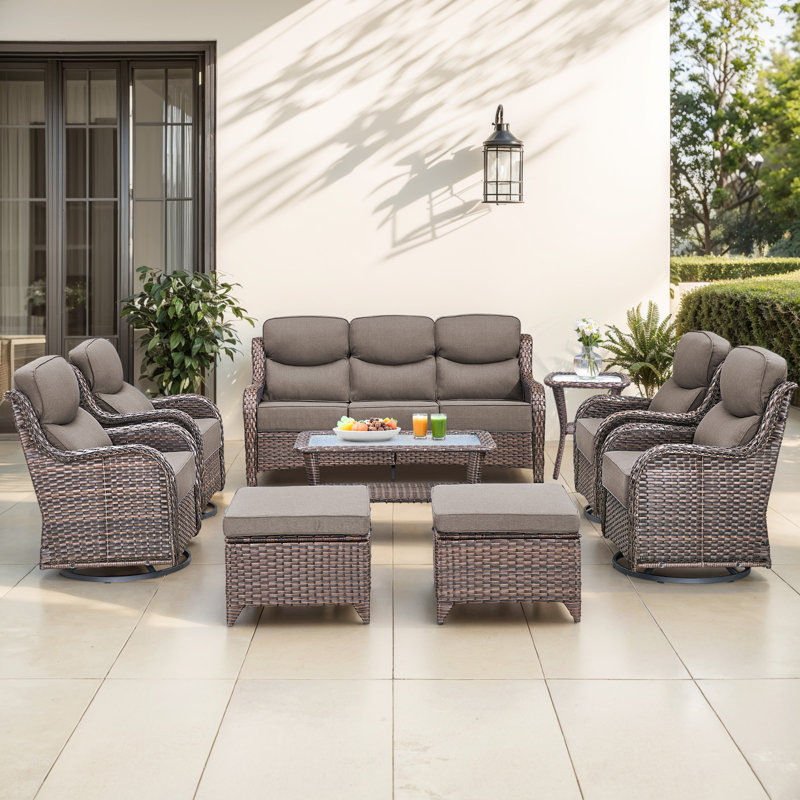  9-Piece Patio Furniture Set With Swivel Glider Chairs, 6-Inch Ultra-Plush Cushions & Water-Resistant Olefin Fabric, Gray