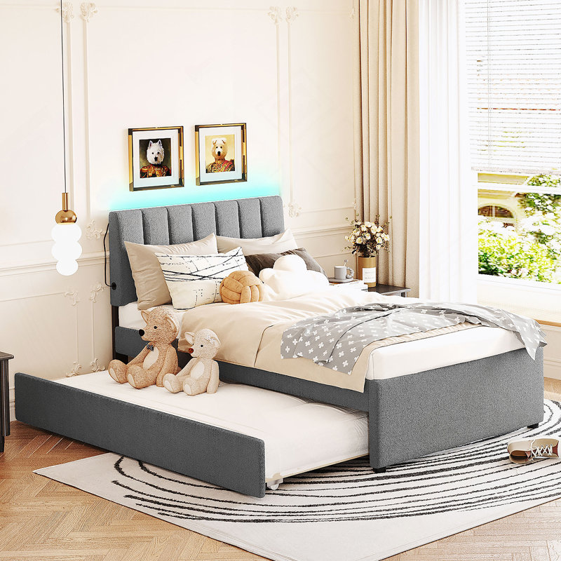 Lit plateforme tapissier simple avec lit gigogne Teddy, gris, Twin