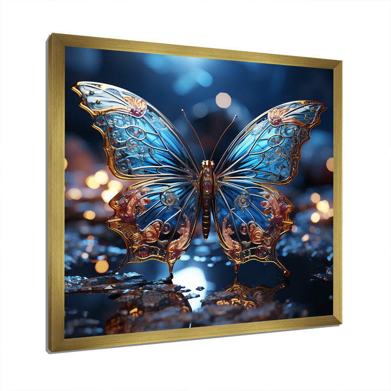 «Butterfly Watery Blues» sur toile, Cadre doré simple, H 16 po x l 16 po x P 1 po