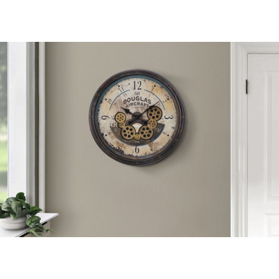 Clocks, 20" Round, Gear Mechanism, Wall Clock, Brown, Transitional