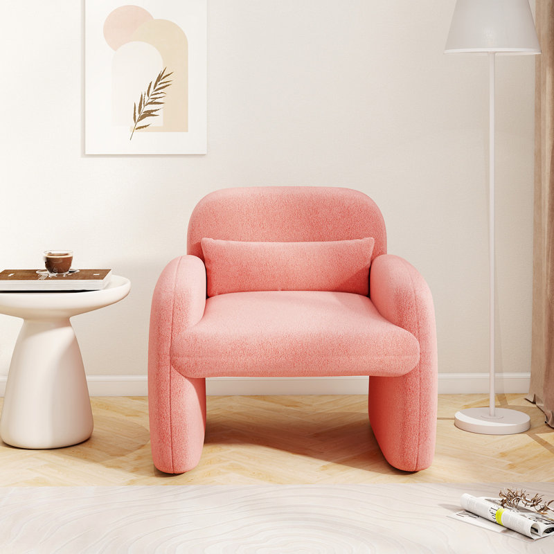 Modern Accent Chair Sherpa Fabric Upholstered Armchair w/ Waist Pillow, Pink