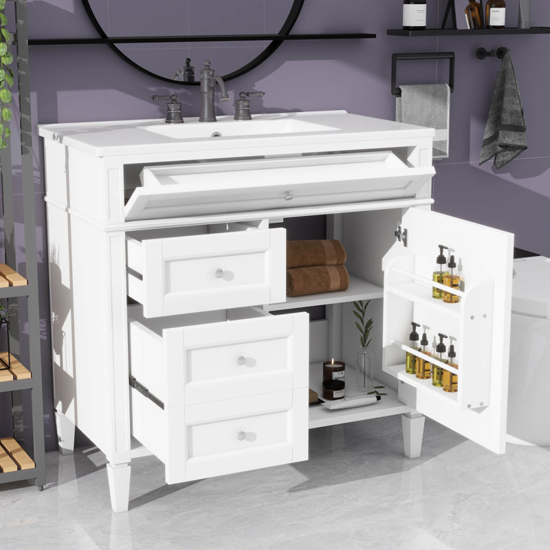 Meuble-lavabo de 36 pouces avec lavabo supérieur intégré, armoire de rangement de style moderne, 2 tiroirs et tiroir coulissant