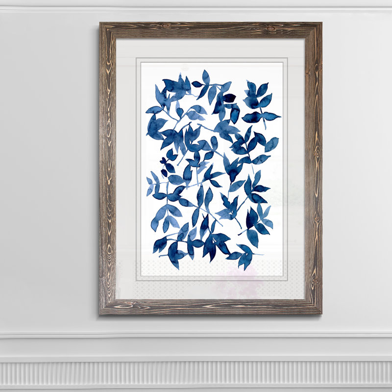 « indigo fallen leaves ii »-peinture sur papier encadrée, H 44 po x l 32 po x P 1,25 po, Cadre espresso