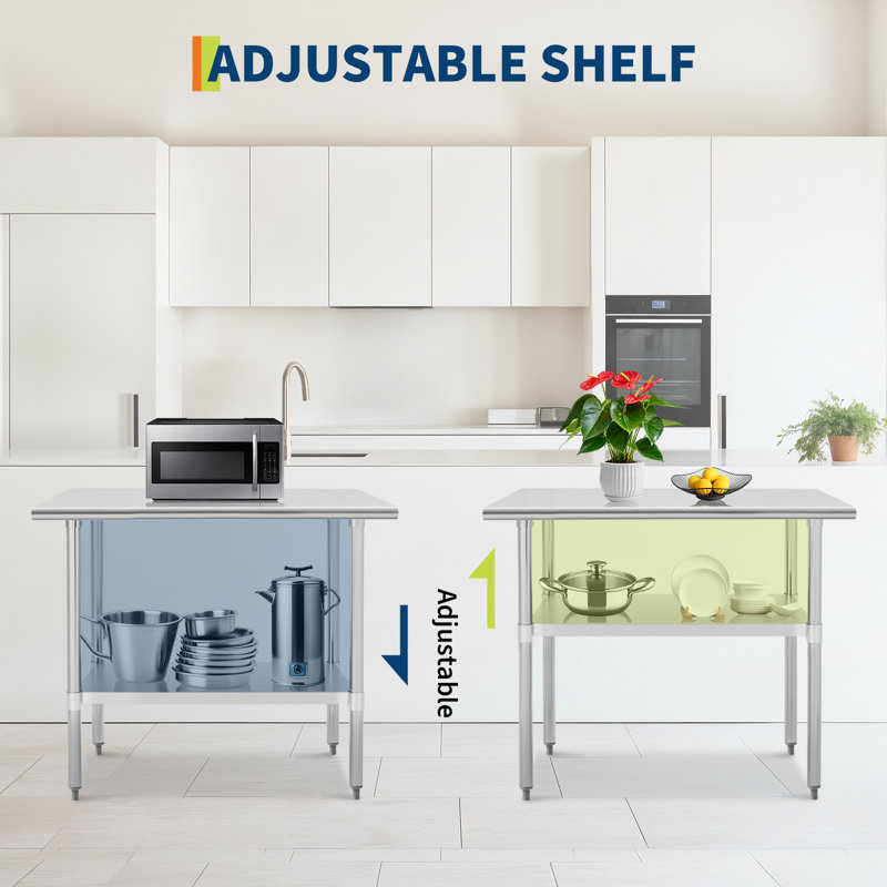 Table de préparation en acier inoxydable robuste - Table de travail commerciale NSF - Tablette réglable et pieds de nivellement - Établi en métal durable - Pour la cuisine, le restaurant et l'entrepôt - P 24 po x l 36 po x H 34 po