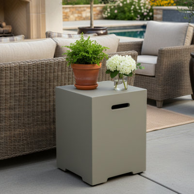 Propane Tank Cover 16 Inch, 20 LB Outdoor Hideaway Side Table for Gas Fire Pit, MgO Concrete Tank Holder, Light Cement Grey