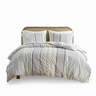 Housse de couette 100% coton chenille, impression inspirée, revers teinté, 2 taies décoratives qui se chevauchent, taies décoratives douillettes
