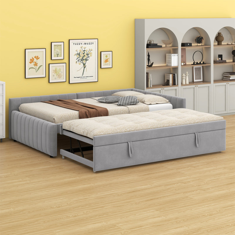 Upholstered L-Shaped Upholstered Daybed With Pop Up Trundle, Gray