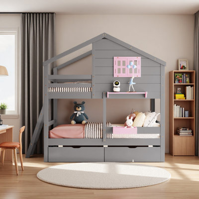 Lit superposé simple au-dessus de simple avec 2 tiroirs, 1 boîte de rangement, 1 tablette, fenêtre et toit