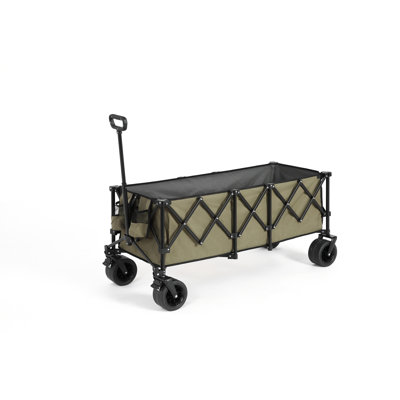 Foldable Extended Wagon with 220lbs Weight Capacity, Heavy Duty 300L Folding Utility Garden Cart with Big All-Terrain Beach Wheels & Drink Holders. -Army green
