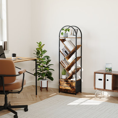 55" Tree Bookshelf w/ 2 Fabric Drawers, 6-Tier Tall Narrow Bookcase for Small Spaces, Industrial Black