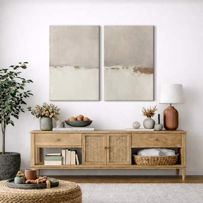 Minimal Landscape "Beige Tan Grunge Abstract Modern Artwork, Simple Minimalist Neutral Wall Pictures, Framed Canvas Giclee Print 2 Pieces Wall Art"
