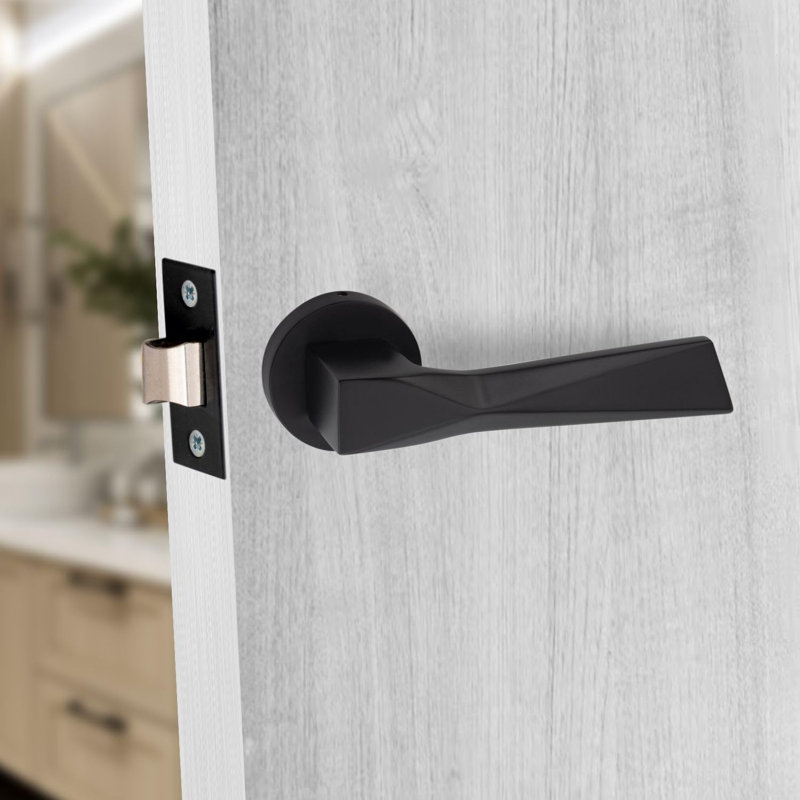 Modern Aura Design Premium Bathroom Door Handles on Round Rose in Matt Black with Dead Bolt Latch, Ball Hinges and Thumbturn