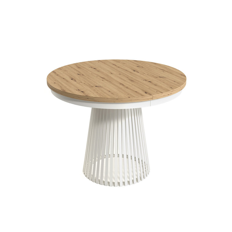 Extendable Round Metal Base Dining Table, White, Light Oak Wood
