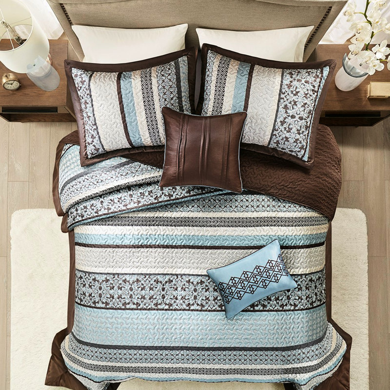 Couvre-lit 5 pièces bleu roi - avec motif de feuilles ornées réversible, King Bedspread + 4 Additional Pieces, Blue