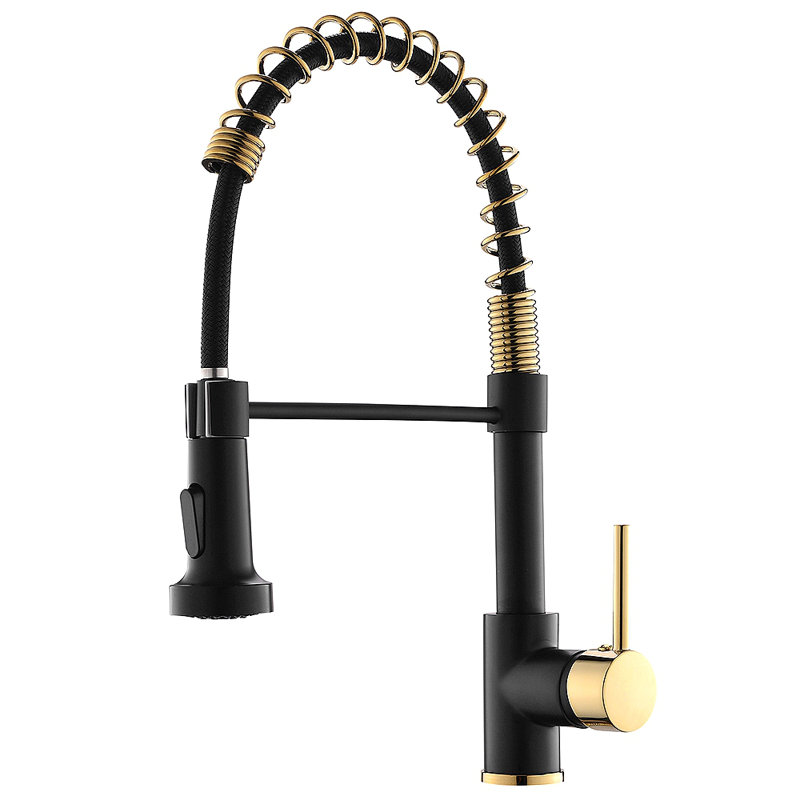 Commercial Kitchen Faucet With Pull Down Sprayer, Single Handle Single Lever Kitchen Sink Faucet, Black/Gold