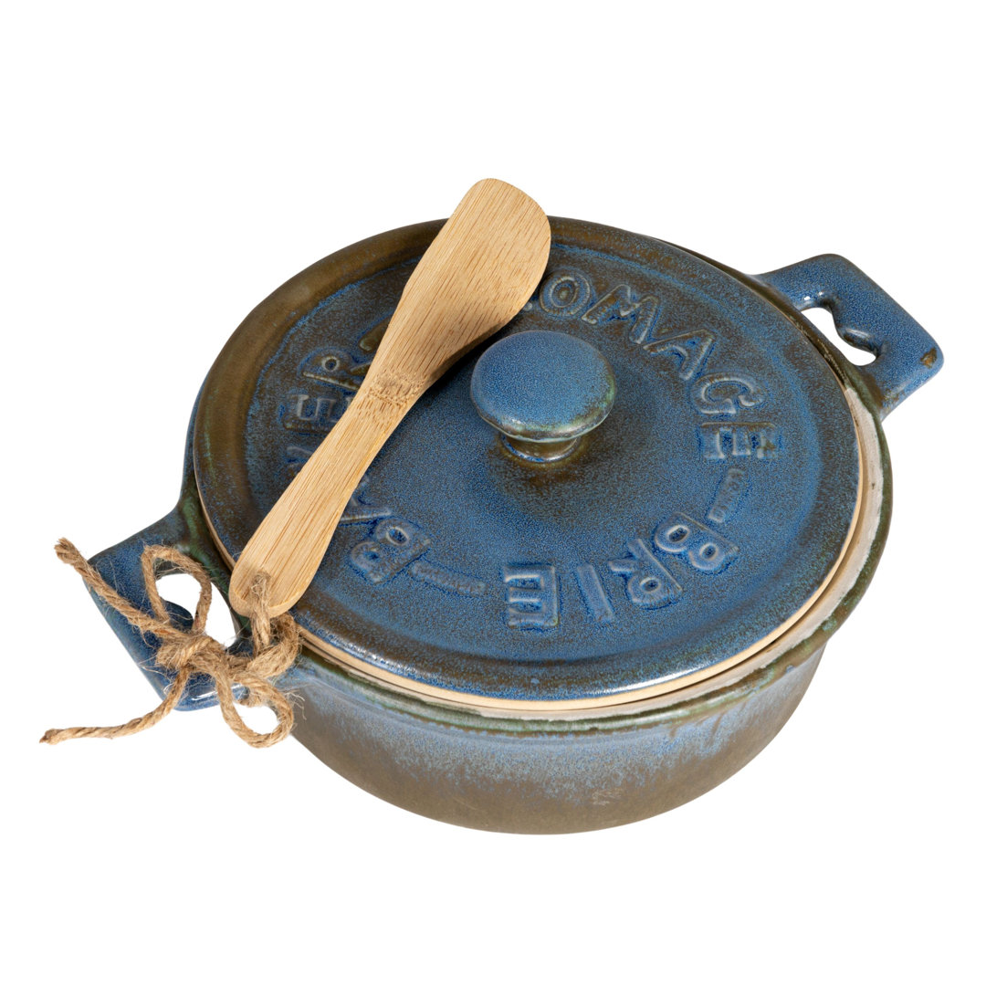 9 Inches Stoneware Brie Baker with Bamboo Canapé Spreader Knife and Reactive Glaze Design Creative Co-Op