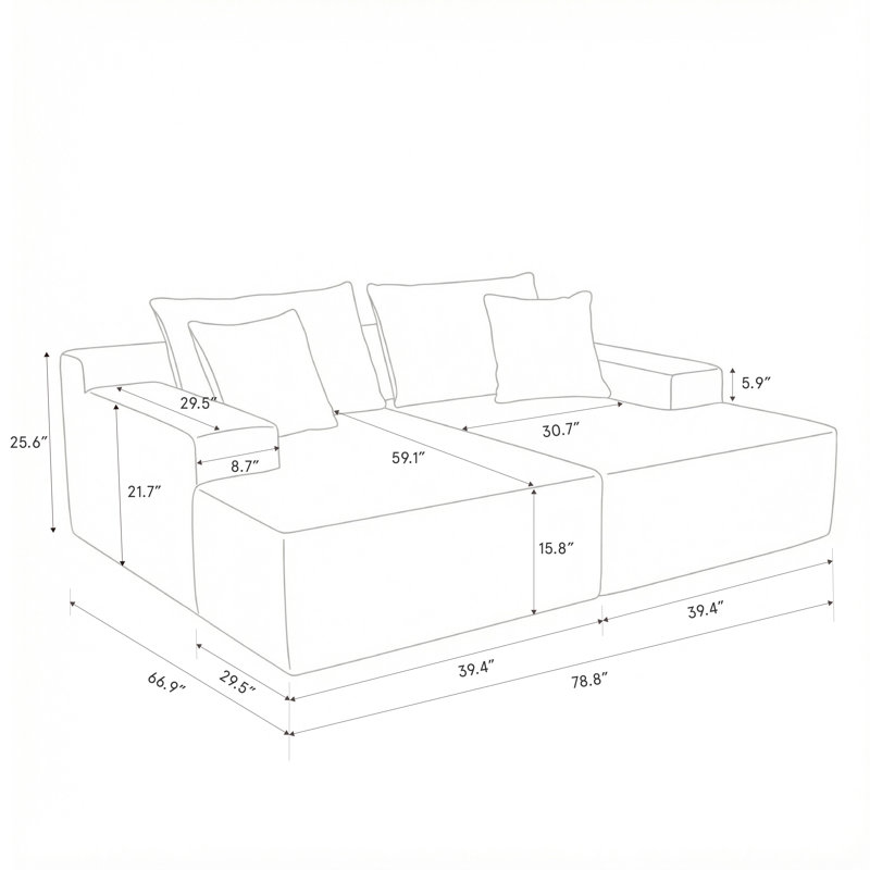  2-Piece Loveseat chaise lounge with Armrests, 78.8" Oversized Boneless Sleeper Sofa Bed with 4 Pillows for Living Room or Bedroom, No Assembly Required - Volcanic Ash, Corduroy