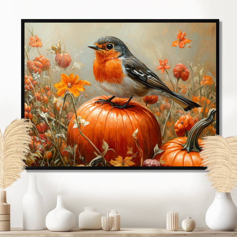Robin, oiseau dans la citrouille, patch II - oiseau, décoration murale, Noir, Cadre flottant, H 16 po x l 32 po