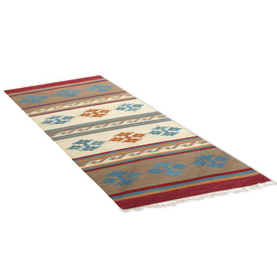 Tapis beige/bleu en laine fait main dhurries de la chaleur jardins Bobby