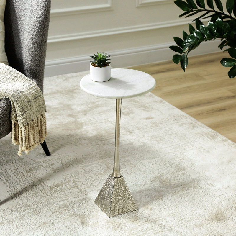Marble Top Round End Table for Living Room Furniture, 55cm Tall Metal Sofa Side Table, Bedside Table, Silver, White