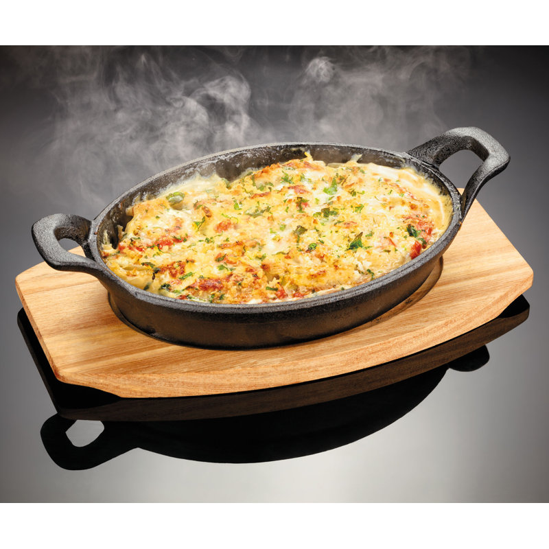 Judge, Sizzle & Serve - Cast Iron Gratin Dish on Server Board