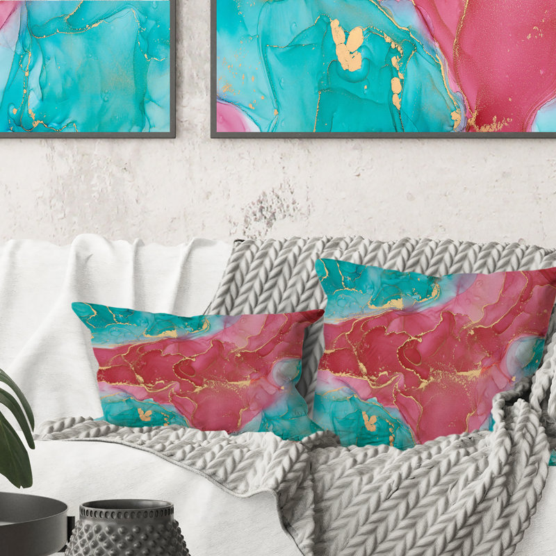 Rose et turquoise luxueux, art fluide abstrait - coussin décoratif moderne, 18 po x 18 po