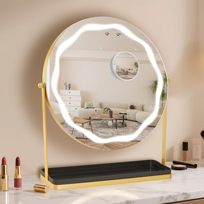 Round Makeup Mirror with Lights, LED Vanity Mirror with Removable Storage Box, Three Colors Dimmable, Smart Touch Control, 360°Rotatable, Suitable for Desktop, Bedroom, Easy Assembly