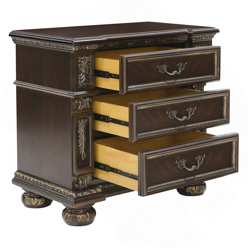 Finition cerisier foncé de conception avec table de chevet dorée 1 pièce de 3 tiroirs de style chambre à coucher