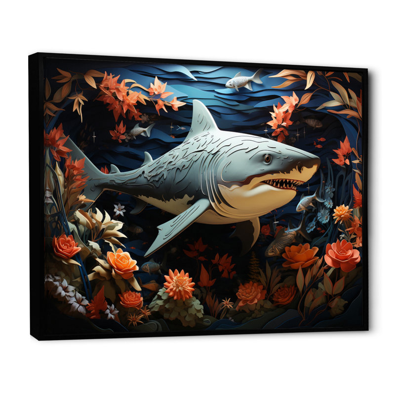 " Blue Shark Silent Hunter Papercut ", Black Floater Framed, 24" H x 32" W x 1" D