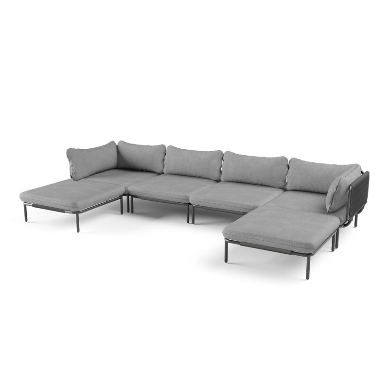 Canapé modulaire d'extérieur en métal pour 6 personnes avec coussins, Coussin gris / cadre noir / gris