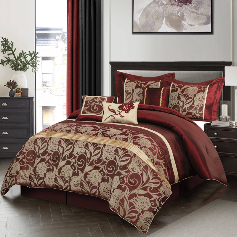 Fennville Microfiber 7 Piece Comforter Set, Queen Comforter + 6 Additional Pieces, Red/Gold
