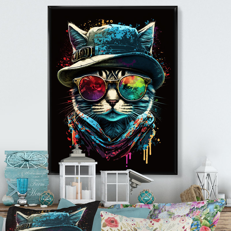 Art mural sur toile Cool Cat avec lunettes de soleil et chapeau I, L 12 po x H 20 po, Cadre flottant noir