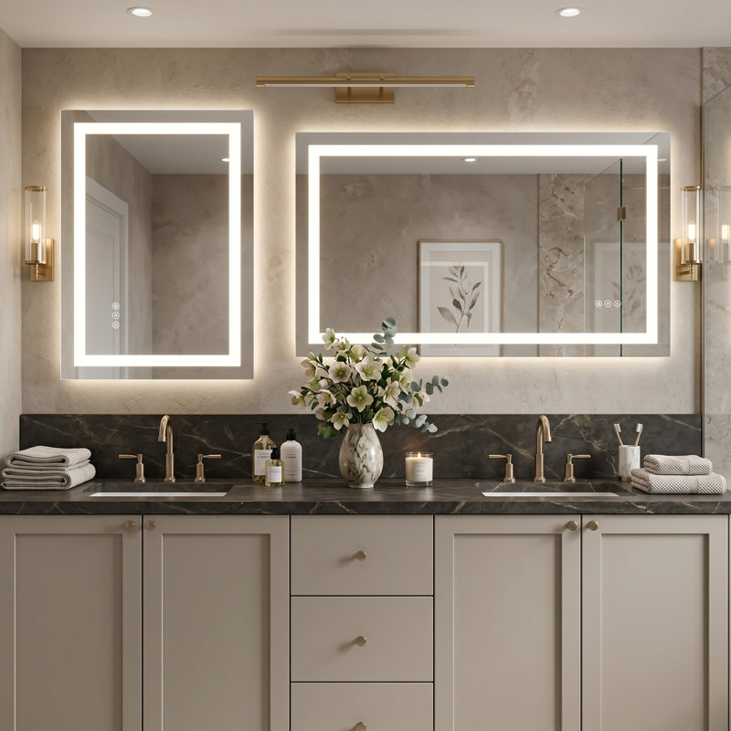 Miroir de salle de bain pour salle de bain, à DEL, anti-buée, rétroéclairé, fixé au mur, cadre blanc, 48 po x 32 po