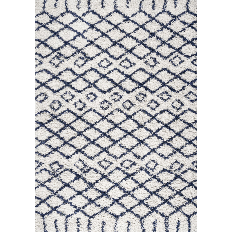 Tapis beige / bleu marine à poils longs Sineu, Rectangulaire 3 pi x 5 pi