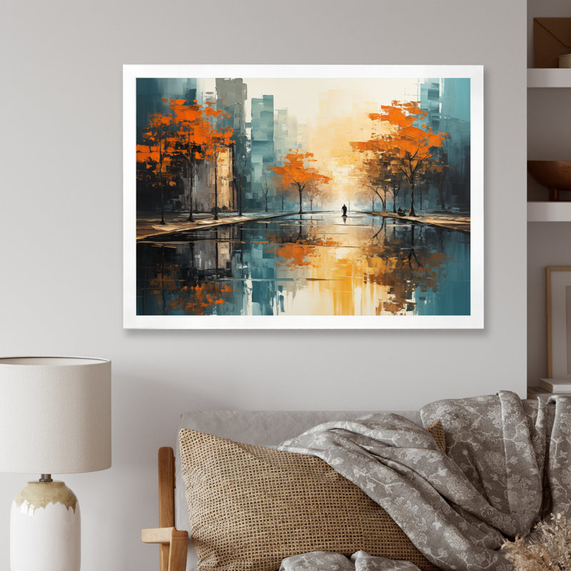 Orange Rivers Riverside Reflection I - Modern Canvas Wall Art, H 12 po x l 20 po x P 1 po, Cadre simple blanc