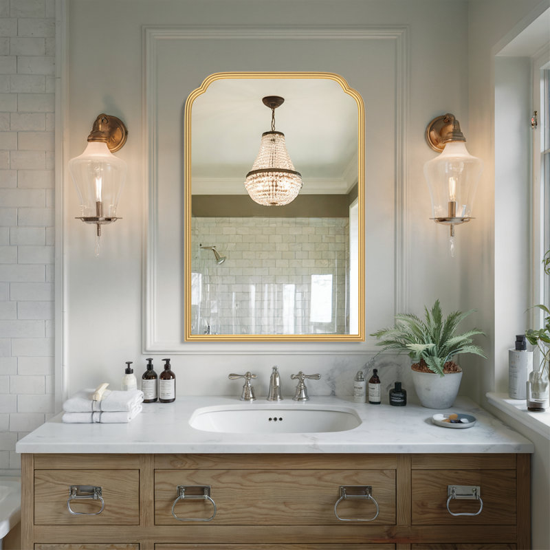 Modern Rounded Corner Rectangle Bathroom Vanity Mirror for Over Sink Framed French Cleat Mounted Wall Mirror, Gold, 30" x 20"