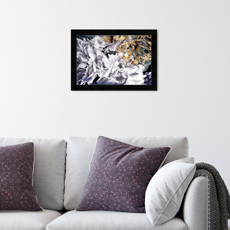 Fleur de gardénia blanche en or - Peinture contemporaine pour chambre à coucher, H 18 po x l 26 po, Cadre noir