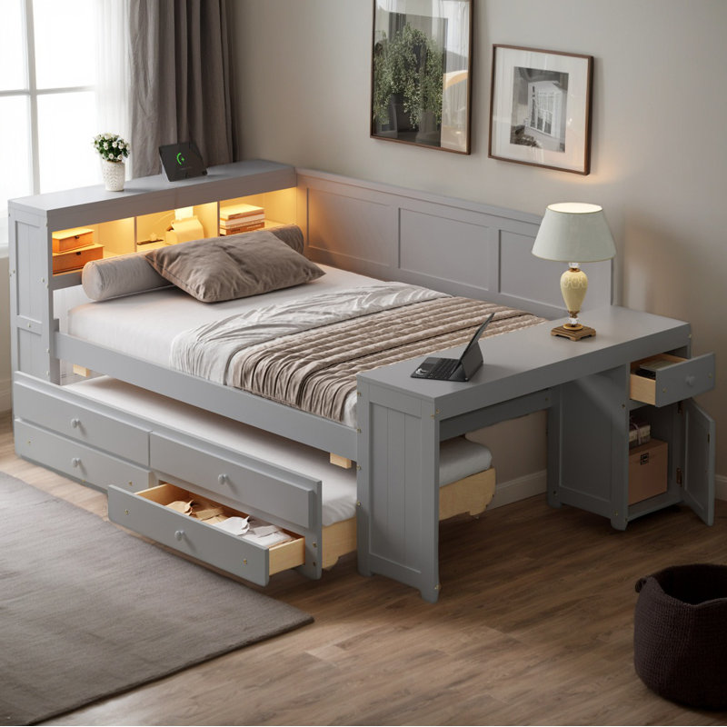 Lit de jour double avec lit gigogne sous le lit, cadre de lit plateforme avec station de charge et éclairage à DEL, tablettes de rangement, bureau et armoire, gris